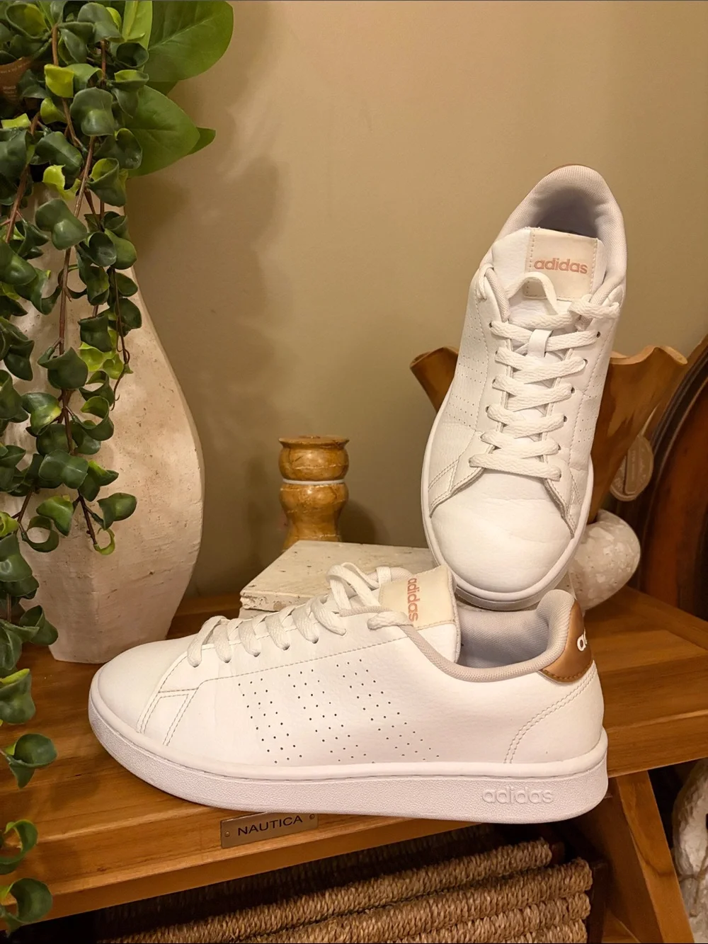 adidas White Leather Low-Top Sneakers with Gold Logo Accents